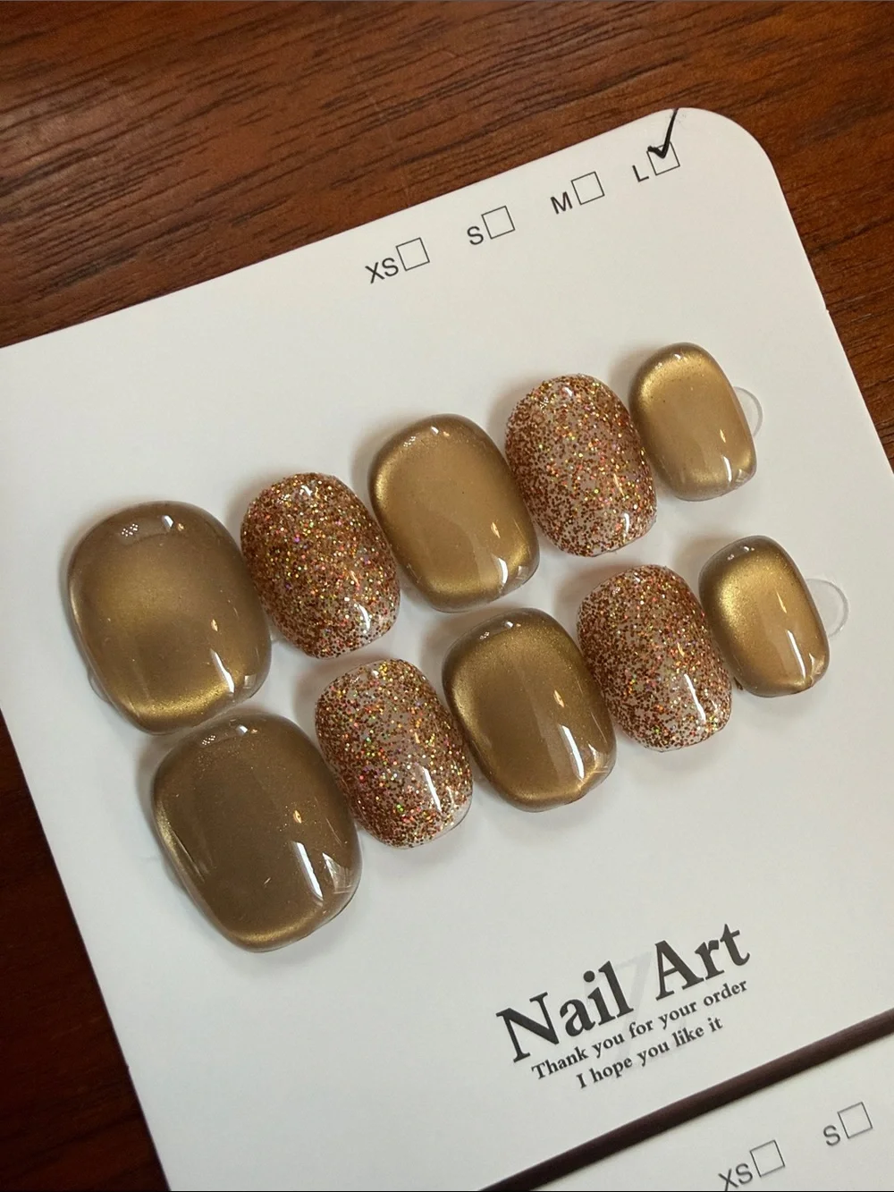 3D Gold & Glitter Press-On Nails + Lime Green Gem Accents Cat Eye - Short large